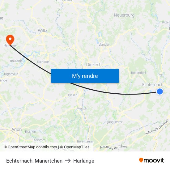 Echternach, Manertchen to Harlange map