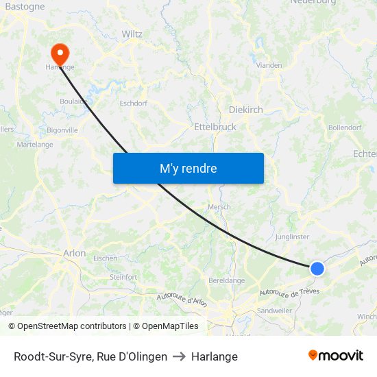 Roodt-Sur-Syre, Rue D'Olingen to Harlange map