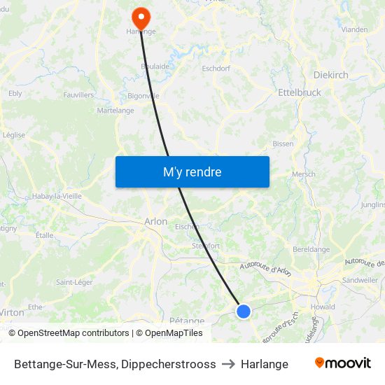 Bettange-Sur-Mess, Dippecherstrooss to Harlange map