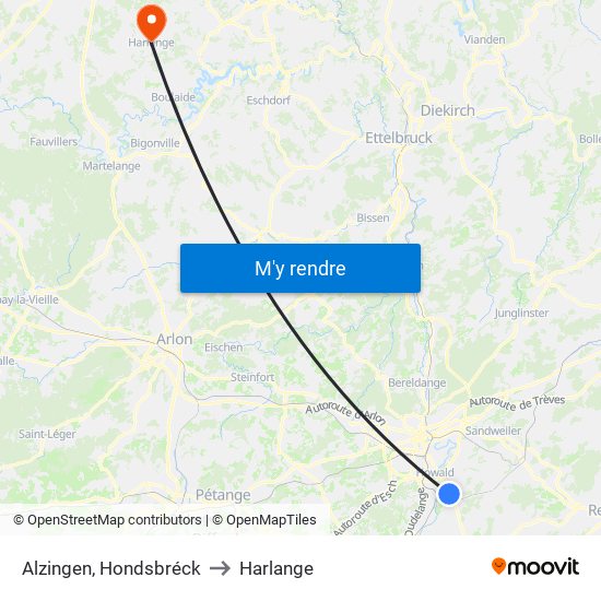 Alzingen, Hondsbréck to Harlange map