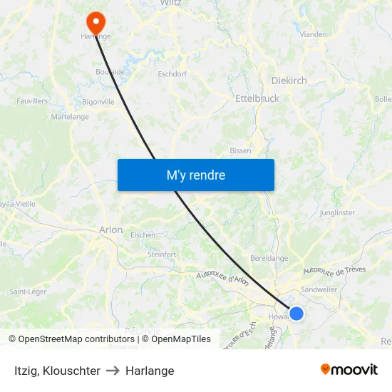 Itzig, Klouschter to Harlange map