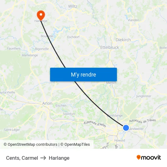 Cents, Carmel to Harlange map