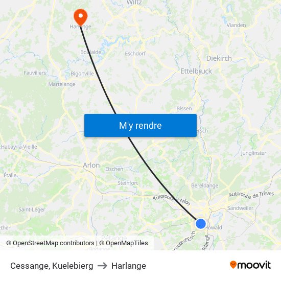 Cessange, Kuelebierg to Harlange map
