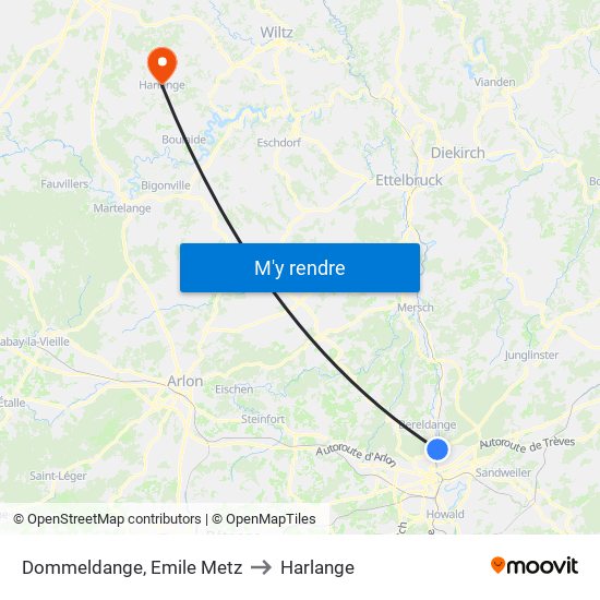 Dommeldange, Emile Metz to Harlange map