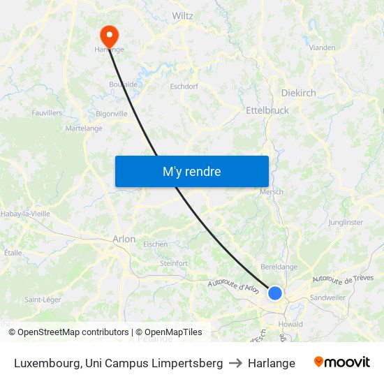 Luxembourg, Uni Campus Limpertsberg to Harlange map