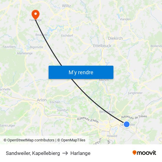 Sandweiler, Kapellebierg to Harlange map