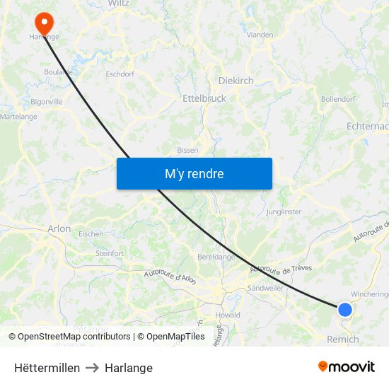 Hëttermillen to Harlange map