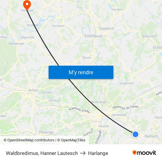 Waldbredimus, Hanner Lautesch to Harlange map