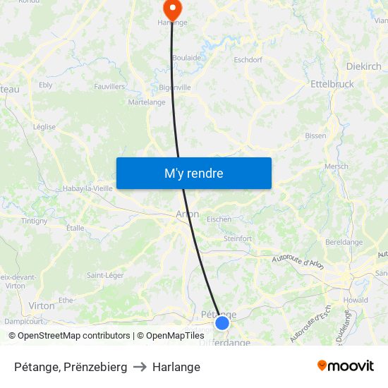 Pétange, Prënzebierg to Harlange map