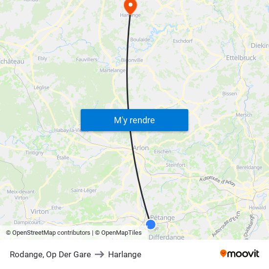 Rodange, Op Der Gare to Harlange map