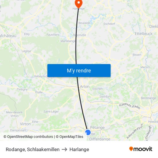Rodange, Schlaakemillen to Harlange map