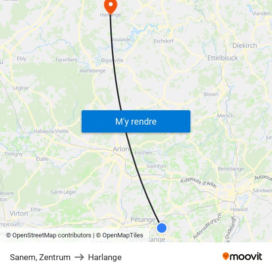 Sanem, Zentrum to Harlange map