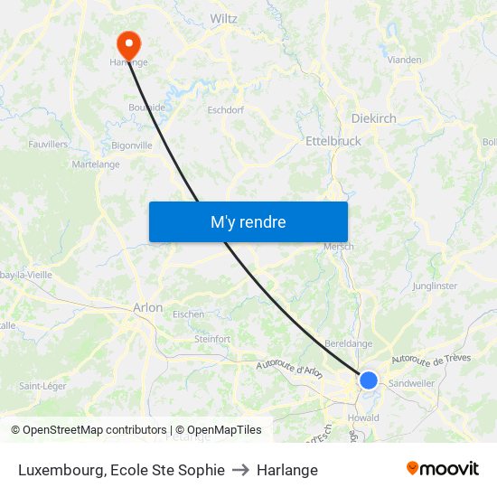 Luxembourg, Ecole Ste Sophie to Harlange map