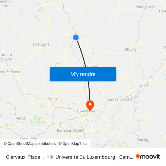 Clervaux, Place Benelux to Université Du Luxembourg - Campus Kirchberg map