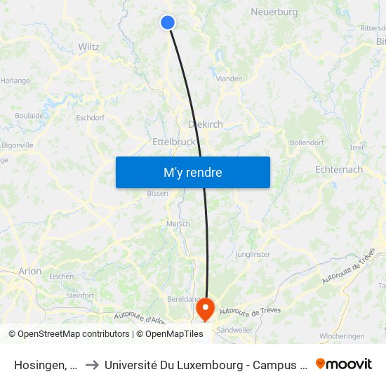 Hosingen, Zaer to Université Du Luxembourg - Campus Kirchberg map