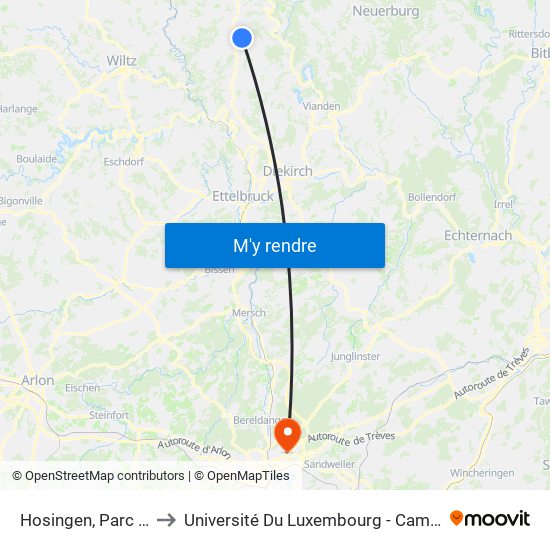 Hosingen, Parc Housen to Université Du Luxembourg - Campus Kirchberg map