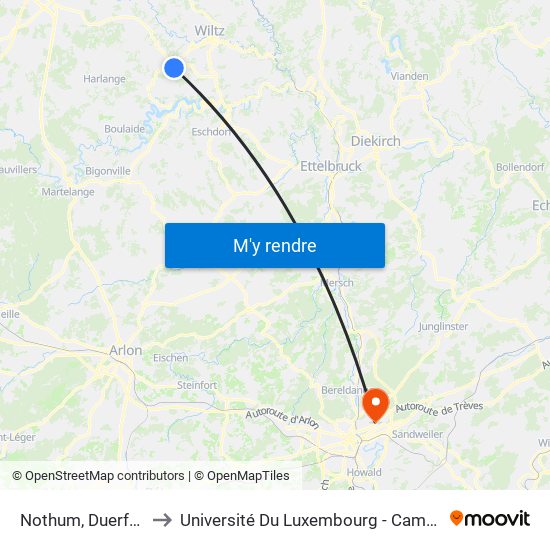 Nothum, Duerfstrooss to Université Du Luxembourg - Campus Kirchberg map