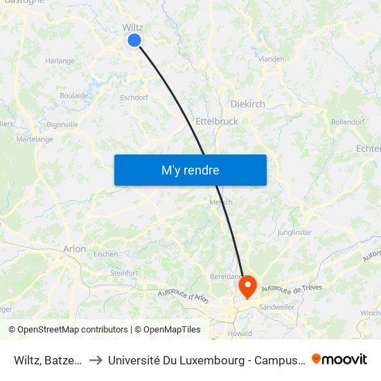 Wiltz, Batzendelt to Université Du Luxembourg - Campus Kirchberg map