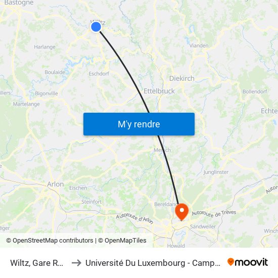 Wiltz, Gare Routière to Université Du Luxembourg - Campus Kirchberg map
