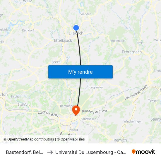 Bastendorf, Beim Terrain to Université Du Luxembourg - Campus Kirchberg map