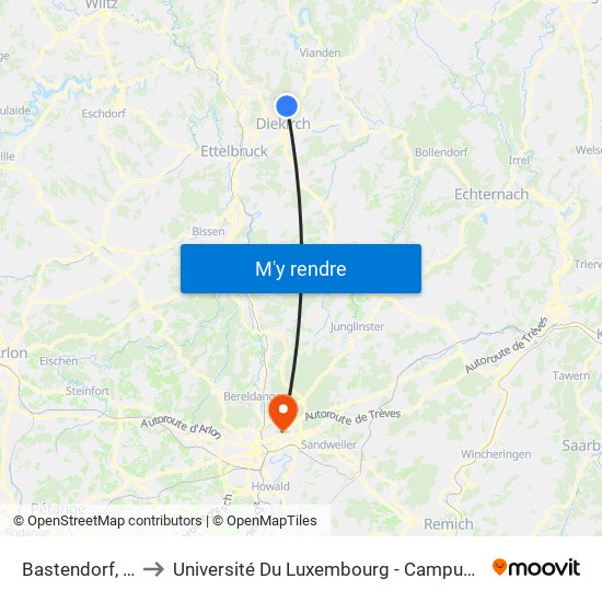 Bastendorf, Lann to Université Du Luxembourg - Campus Kirchberg map