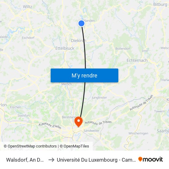 Walsdorf, An Der Gaass to Université Du Luxembourg - Campus Kirchberg map