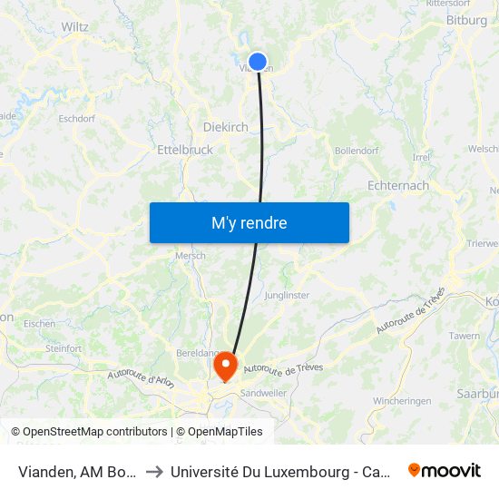 Vianden, AM Bousebierg to Université Du Luxembourg - Campus Kirchberg map