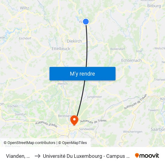 Vianden, Gare to Université Du Luxembourg - Campus Kirchberg map