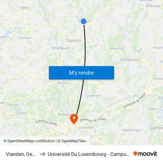 Vianden, Gemeng to Université Du Luxembourg - Campus Kirchberg map