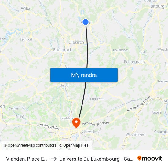 Vianden, Place Engelmann to Université Du Luxembourg - Campus Kirchberg map
