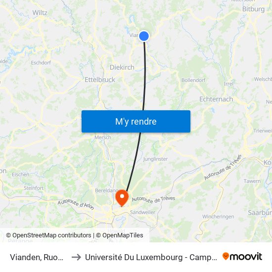 Vianden, Ruoderwee to Université Du Luxembourg - Campus Kirchberg map