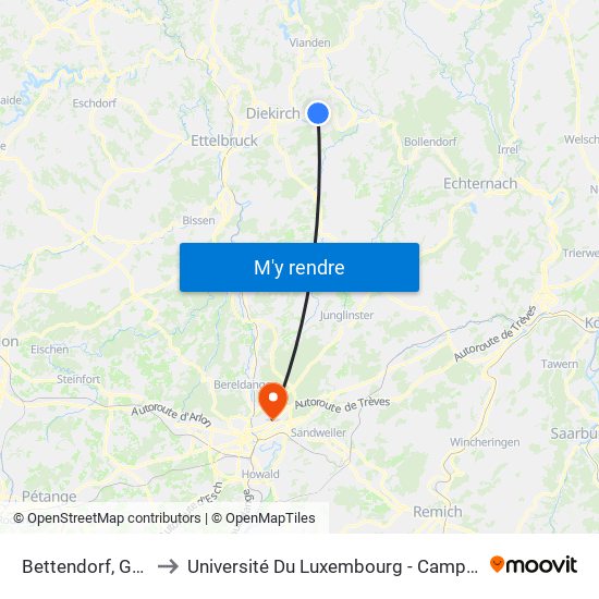 Bettendorf, Gemeng to Université Du Luxembourg - Campus Kirchberg map