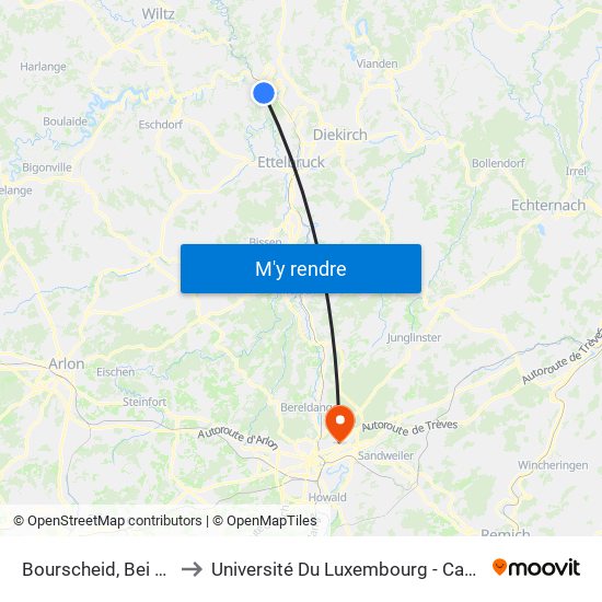 Bourscheid, Bei Der Kiirch to Université Du Luxembourg - Campus Kirchberg map