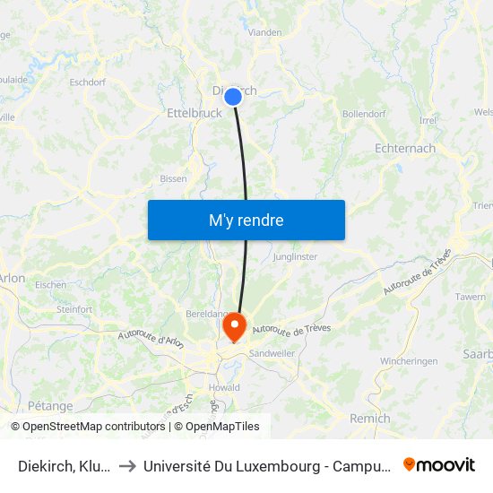 Diekirch, Kluuster to Université Du Luxembourg - Campus Kirchberg map