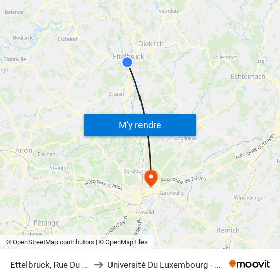 Ettelbruck, Rue Du Deich (Chnp) to Université Du Luxembourg - Campus Kirchberg map