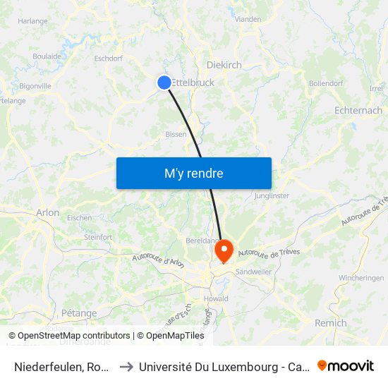 Niederfeulen, Route D'Arlon to Université Du Luxembourg - Campus Kirchberg map