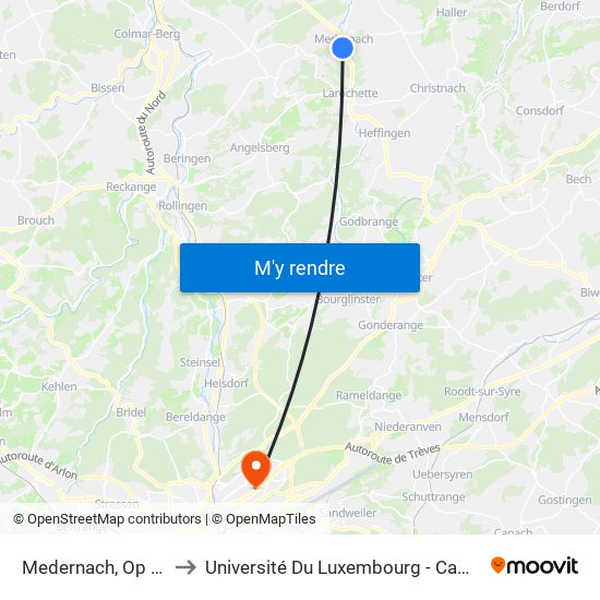 Medernach, Op Der Gare to Université Du Luxembourg - Campus Kirchberg map