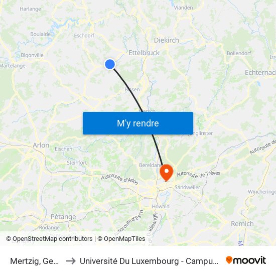 Mertzig, Gemeng to Université Du Luxembourg - Campus Kirchberg map