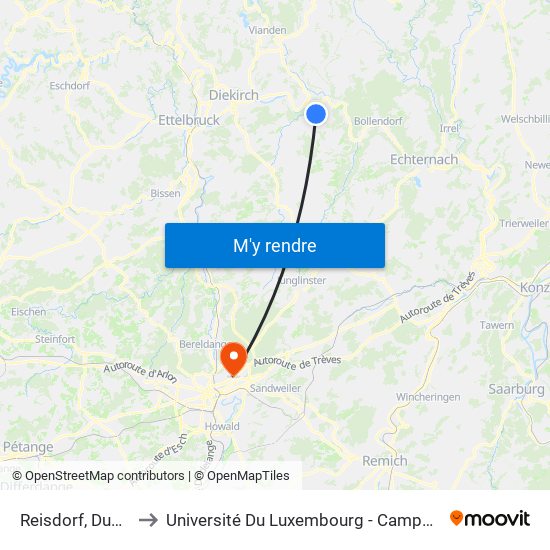 Reisdorf, Duddwee to Université Du Luxembourg - Campus Kirchberg map