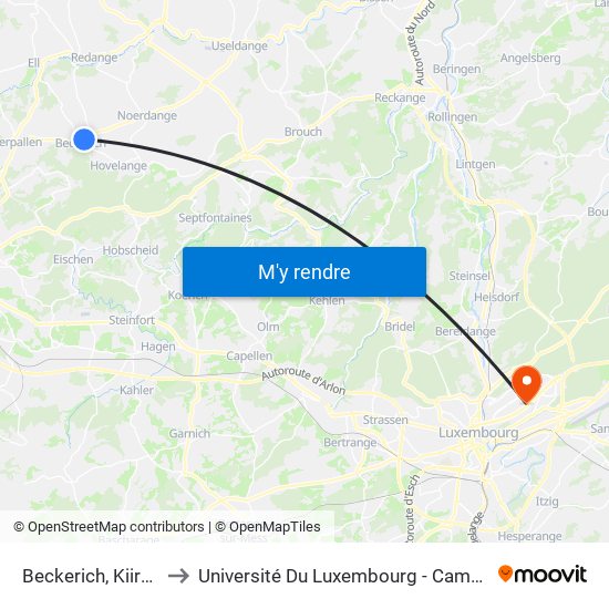 Beckerich, Kiircheplaz to Université Du Luxembourg - Campus Kirchberg map