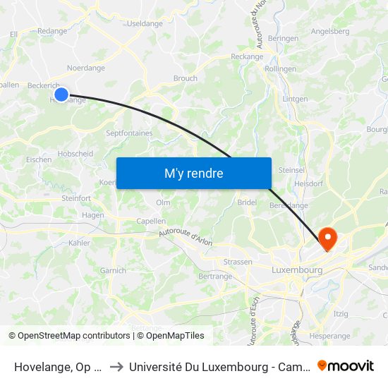 Hovelange, Op Der Halt to Université Du Luxembourg - Campus Kirchberg map