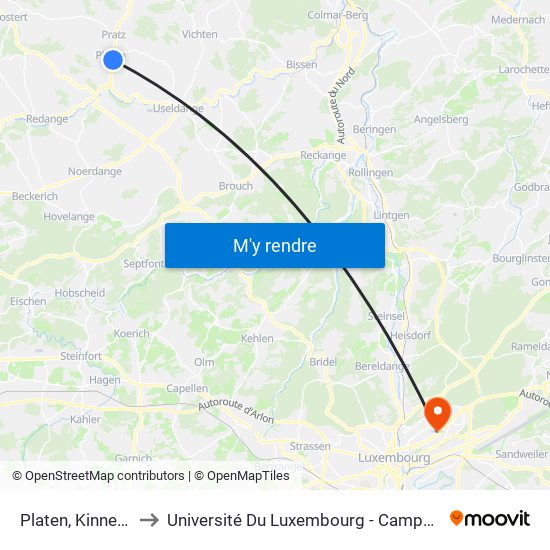 Platen, Kinnebësch to Université Du Luxembourg - Campus Kirchberg map