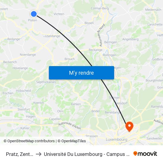 Pratz, Zentrum to Université Du Luxembourg - Campus Kirchberg map