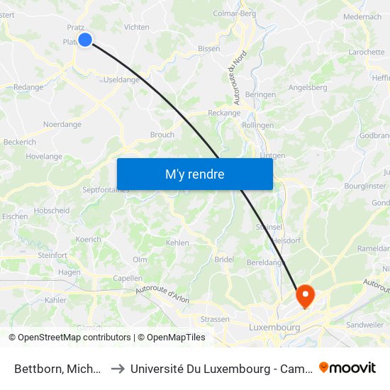 Bettborn, Michel Lucius to Université Du Luxembourg - Campus Kirchberg map