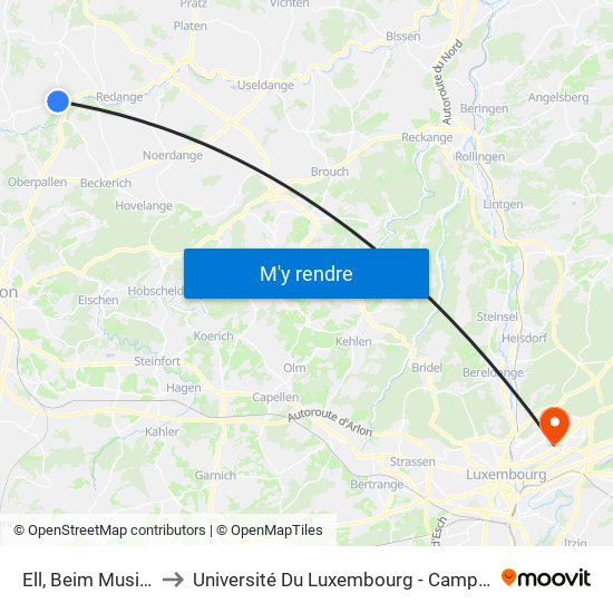 Ell, Beim Musikssaul to Université Du Luxembourg - Campus Kirchberg map