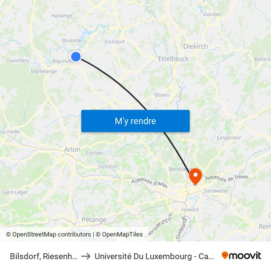 Bilsdorf, Riesenhafferwee to Université Du Luxembourg - Campus Kirchberg map