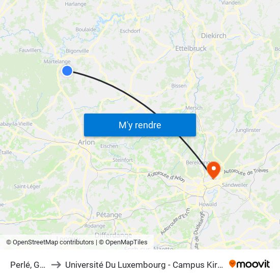Perlé, Gare to Université Du Luxembourg - Campus Kirchberg map