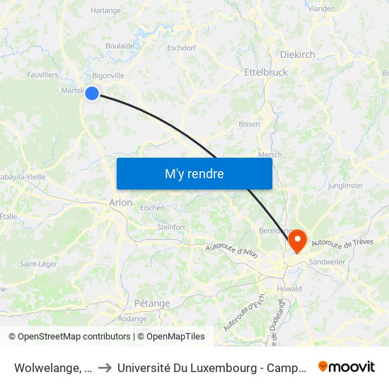 Wolwelange, Kiosk to Université Du Luxembourg - Campus Kirchberg map