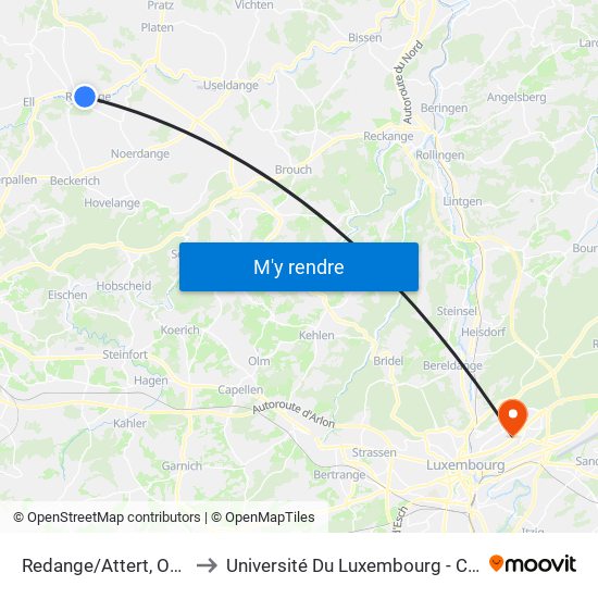 Redange/Attert, Osperstrooss to Université Du Luxembourg - Campus Kirchberg map