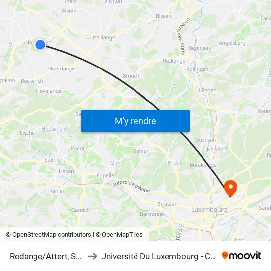 Redange/Attert, Schleisschen to Université Du Luxembourg - Campus Kirchberg map